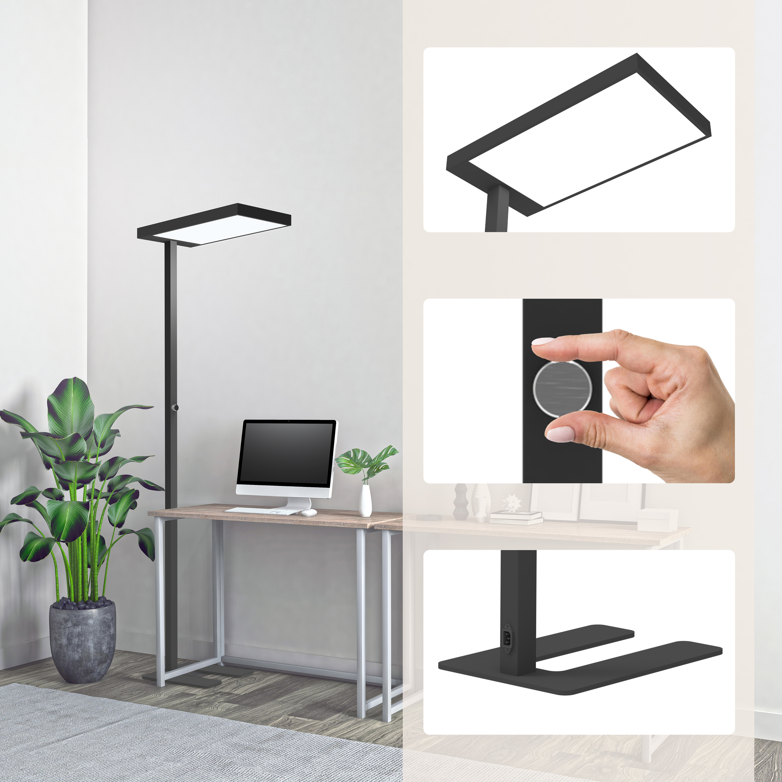 Ein modernes Schreibtisch-Setup mit Stehlampe, Computer, Schreibtisch und Pflanze.