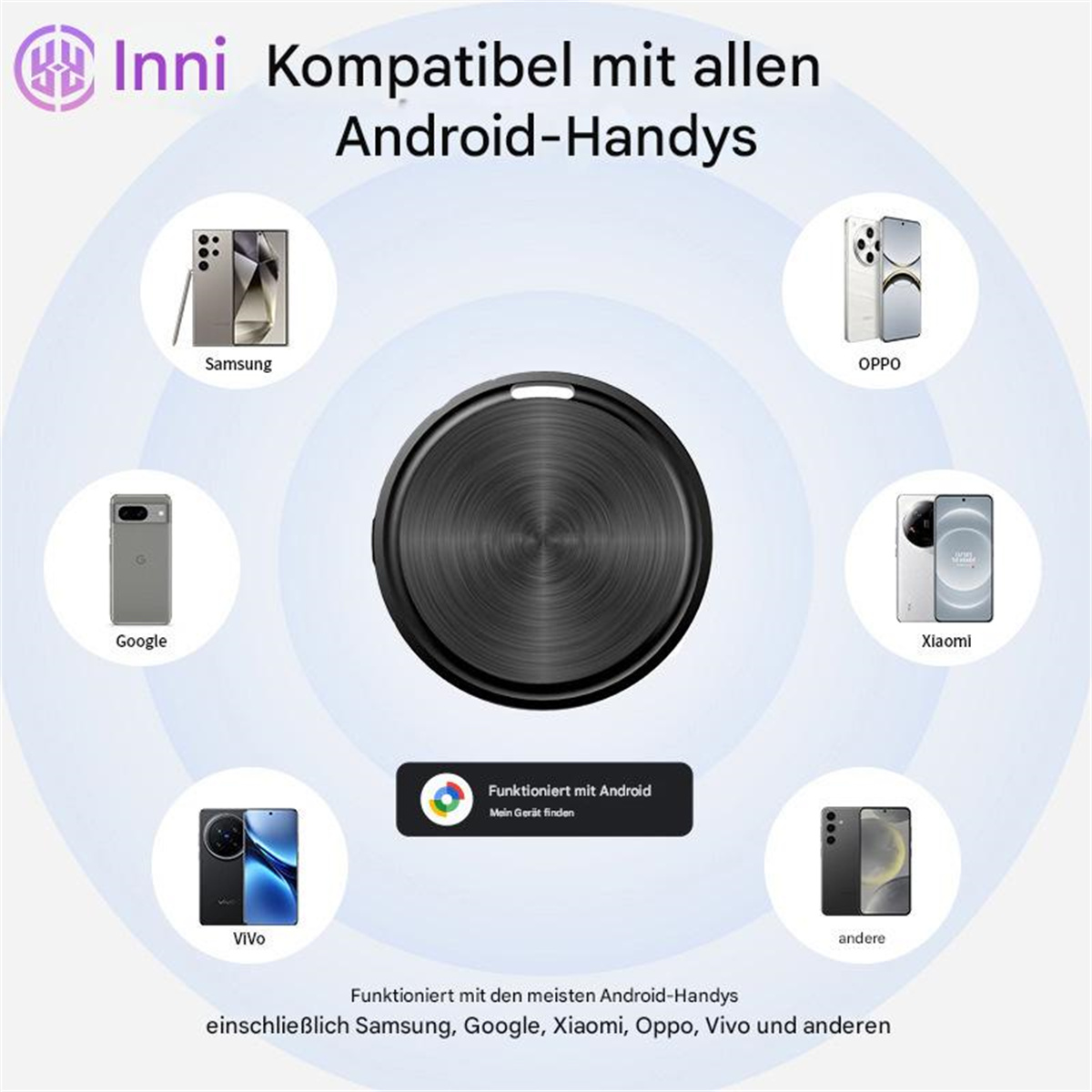 Ein kreisförmiges Gerät, umgeben von verschiedenen Smartphones, mit einem Logo, das 'Funktioniert mit Android' sagt.
