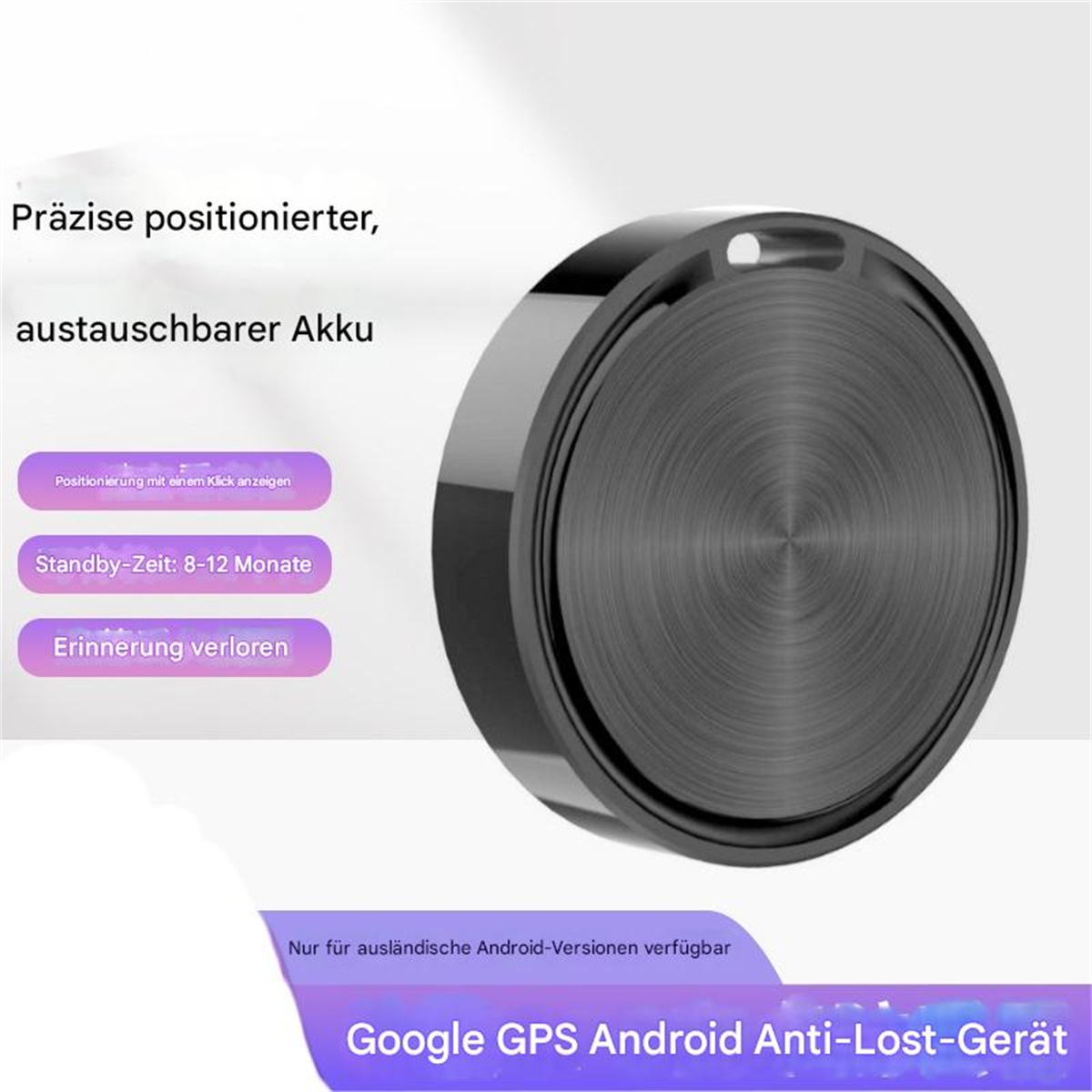 Ein Gerät mit metallischem Finish und einem Etikett, das es als Google GPS Android Anti-Lost-Gerät ausweist.