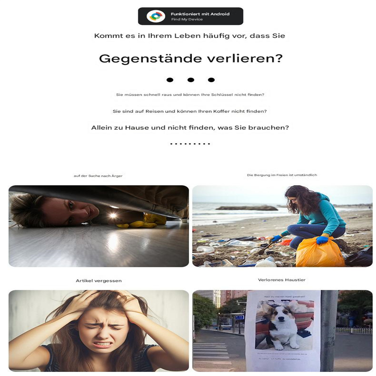 Ein Poster auf Deutsch über das Verlieren von Gegenständen mit Bildern einer suchenden Frau und mehr.