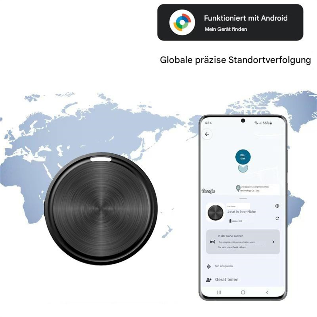 Ein Smartphone-Bildschirm zeigt eine Karte mit einem kreisförmigen Gerät, das Gerät selbst wird ebenfalls angezeigt.