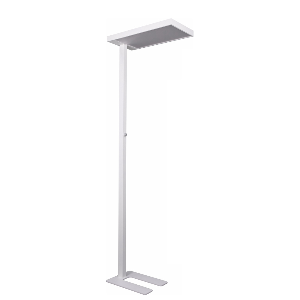 Eine weiße Stehlampe mit einem rechteckigen Licht oben. Der Sockel hat eine U-Form.