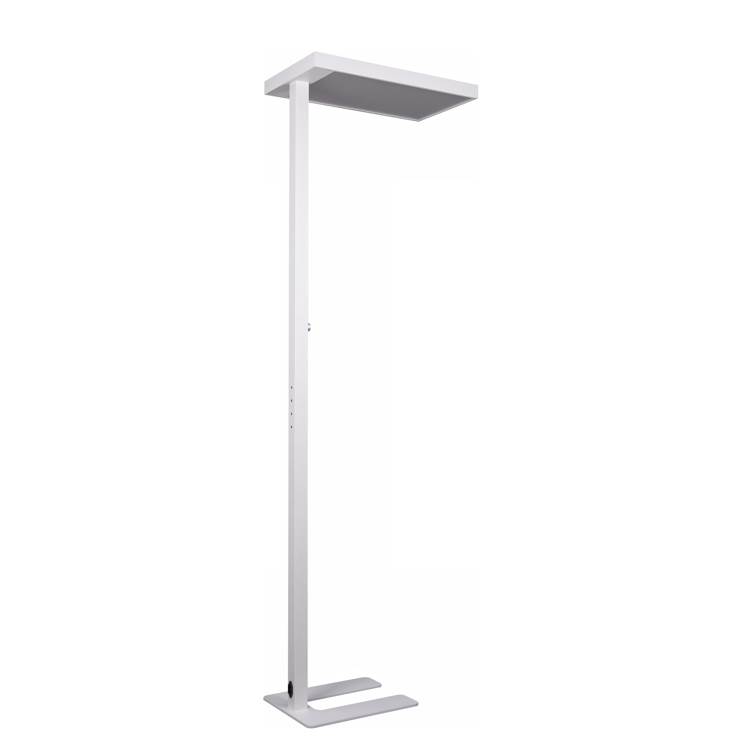 Eine weiße Stehlampe mit rechteckigem Licht oben und U-förmigem Sockel. Die Lampe steht auf weißem Grund.
