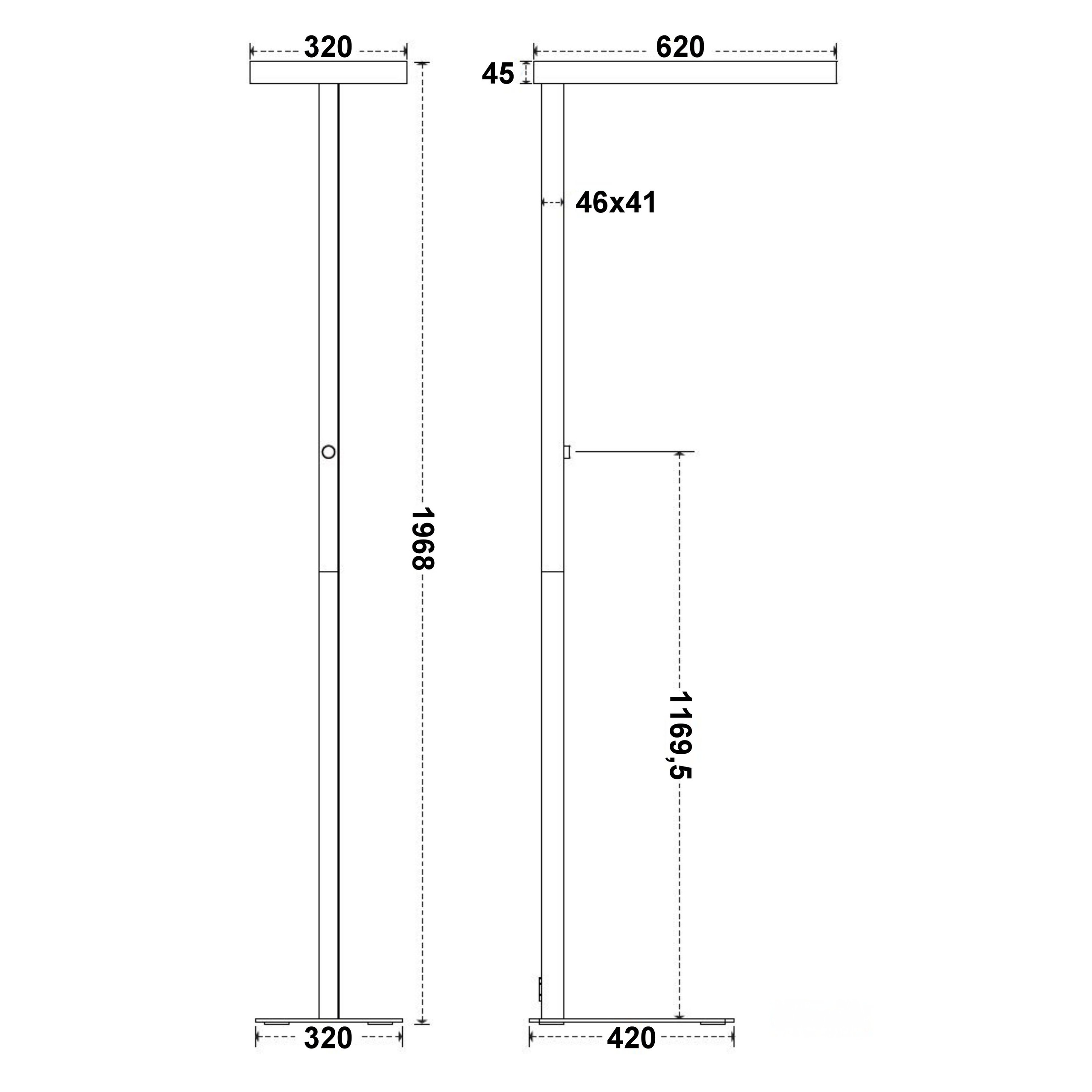 Diagramm einer hohen, schlanken Lampe mit Maßangaben. Oben rechteckiges Licht, unten Basis.