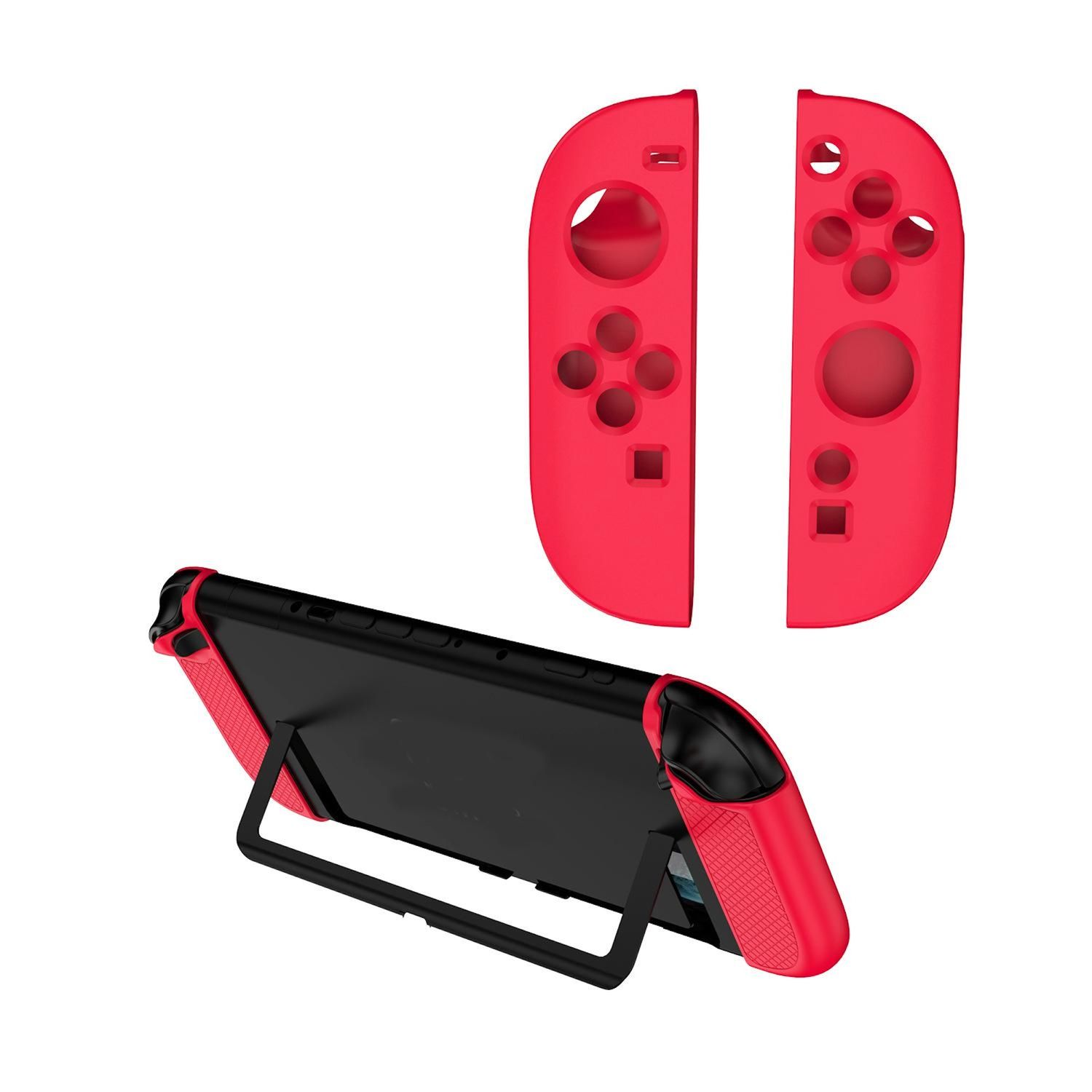 Rotes und schwarzes Gamecontroller-Gehäuse mit Ständer. Zwei rote Teile und eine schwarze Basis.