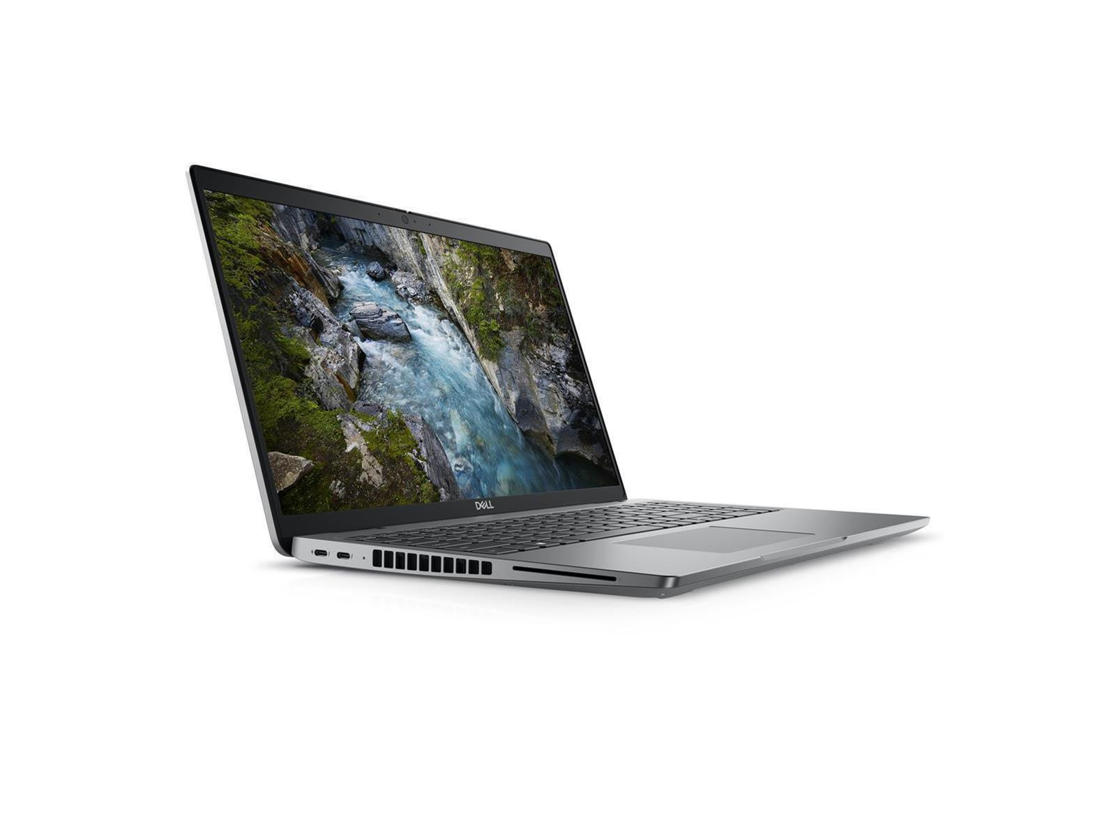 Ein grauer Laptop auf weißem Hintergrund. Der Bildschirm zeigt eine Flussszene. Er ist in einem Winkel geöffnet.