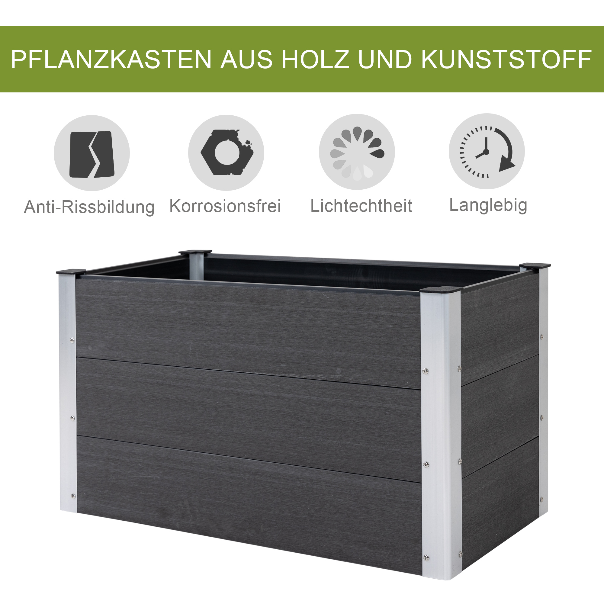 Ein rechteckiges Hochbeet aus dunkelgrauem Holz und silbernem Metall. Die obere Kante ist sichtbar.