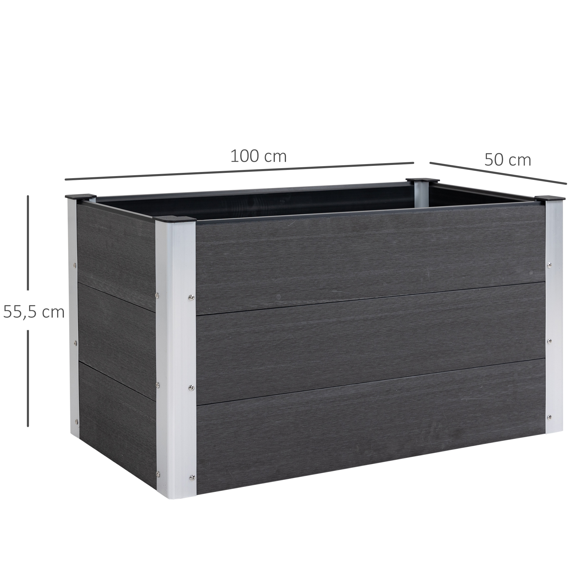 Ein rechteckiger Pflanzkübel mit grauen Holzpaneelen, weißen Metallecken und beschrifteten Abmessungen.