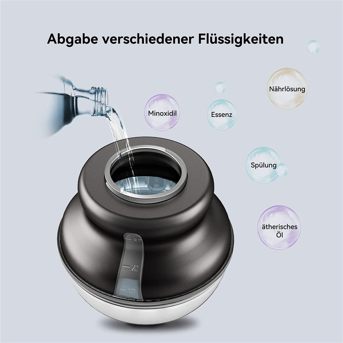 Ein Behälter mit Flüssigkeiten: Minoxidil, Essenz, Spülung und ätherisches Öl. Blasen und Etiketten sind vorhanden.