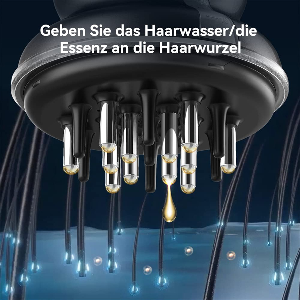 Nahaufnahme eines Kopfhautapplikators, der Öl auf die Haarwurzeln abgibt, mit sichtbaren Haarsträhnen.