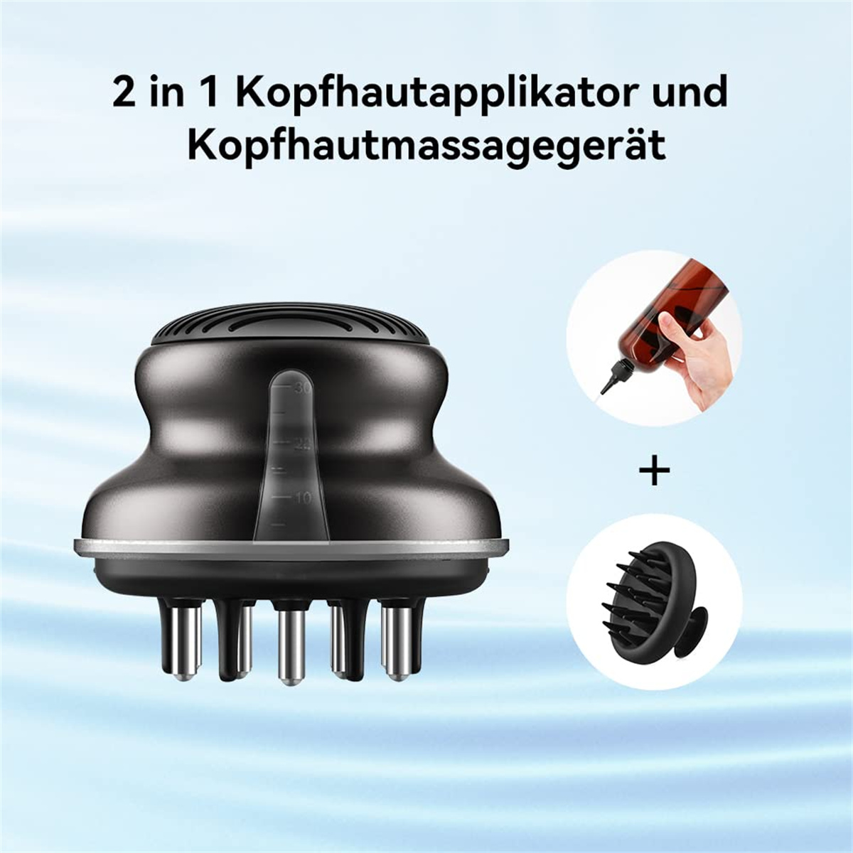 2-in-1 Kopfhautapplikator und Massagegerät, mit Flasche und Bürstenkopf.