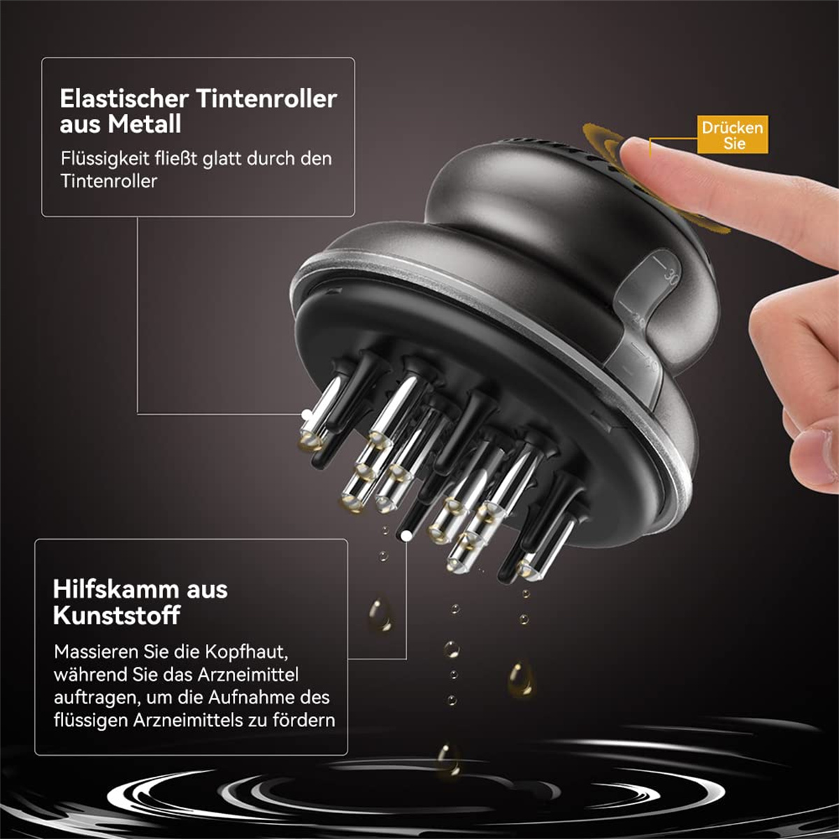Ein Bild, das ein Haarbehandlungsgerät mit Etikett und einer Hand zeigt, die einen Knopf drückt. Der Hintergrund ist dunkel.