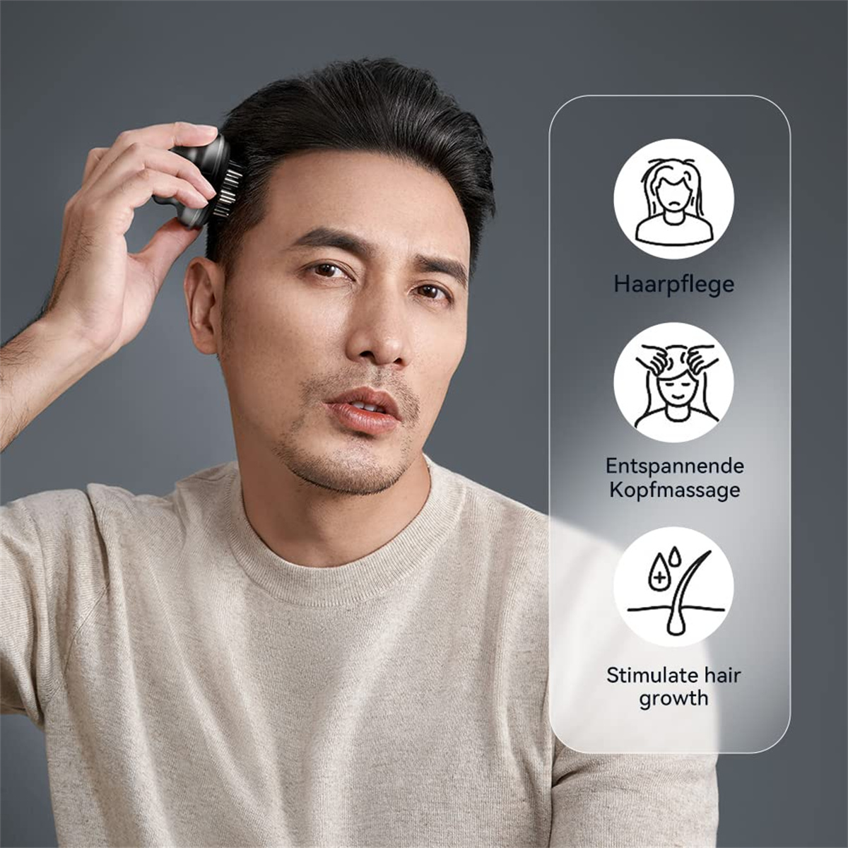 Mann, der einen Kopfhautmassager verwendet, mit Symbolen für Haarpflege, Kopfhautmassage und Haarwuchs.