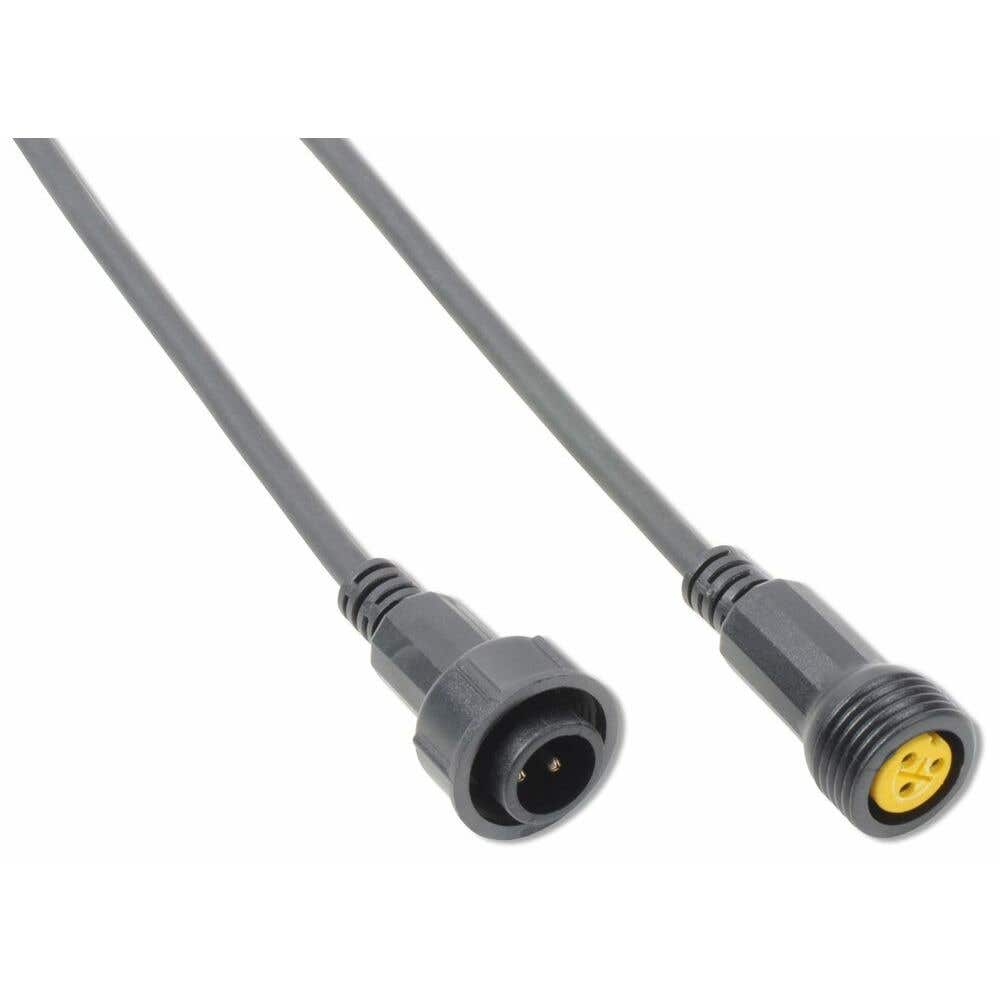 Un cable gris con un conector negro y amarillo en un extremo y un conector negro en el otro.