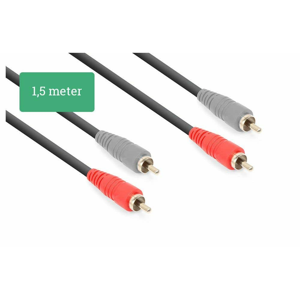 Dos cables de audio RCA con conectores rojos y grises. Un rectángulo verde indica '1,5 metros'.