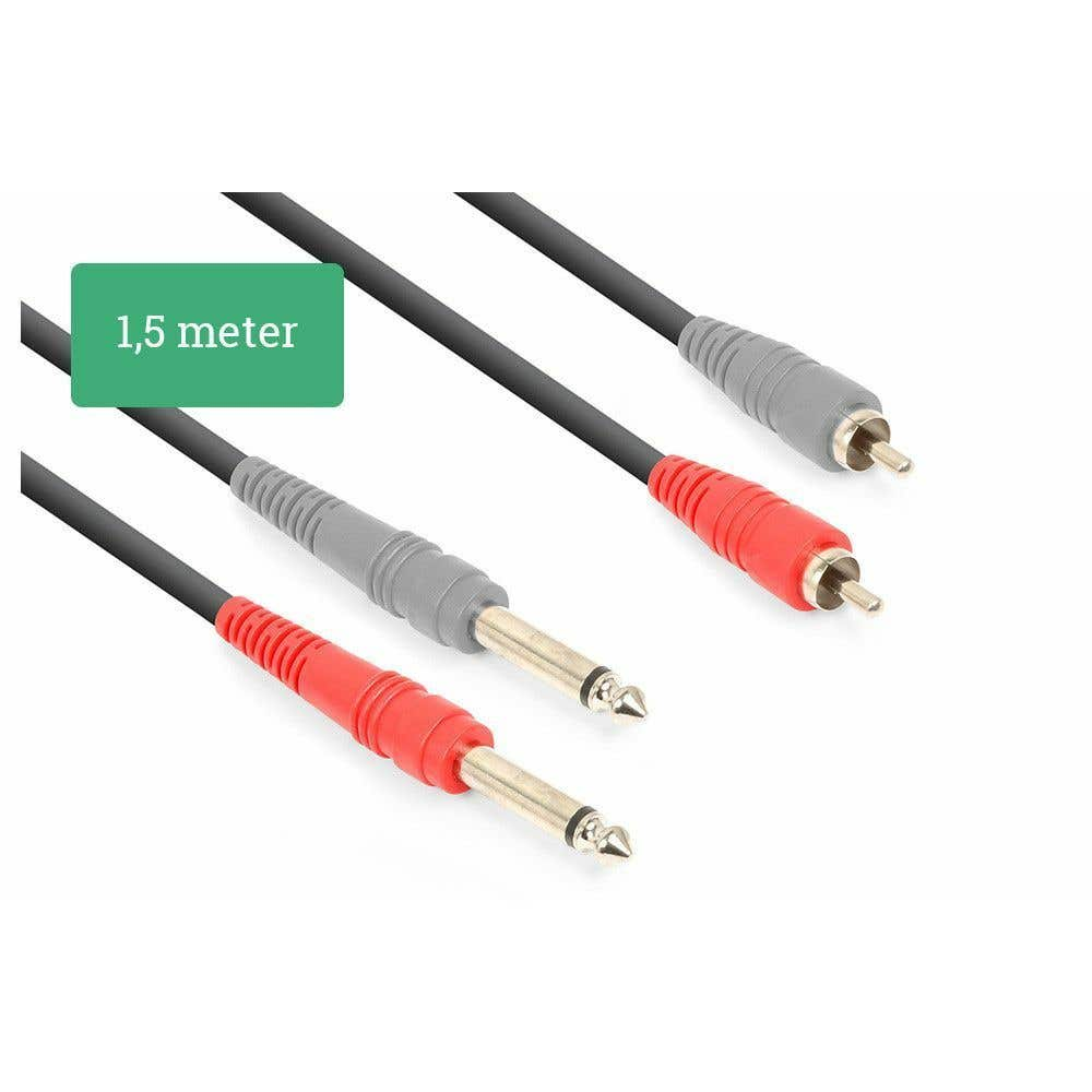 Tres cables de audio con cables negros y conectores rojos y grises. Una etiqueta verde dice '1,5 metros'.