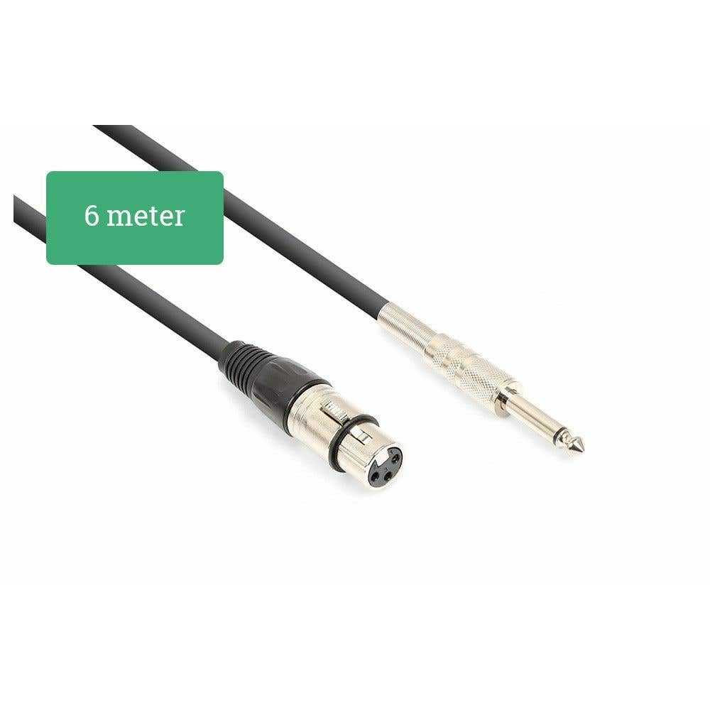 Dos cables de audio con cables negros y una etiqueta verde que dice '6 metros'. Un extremo tiene un conector jack, el otro XLR.