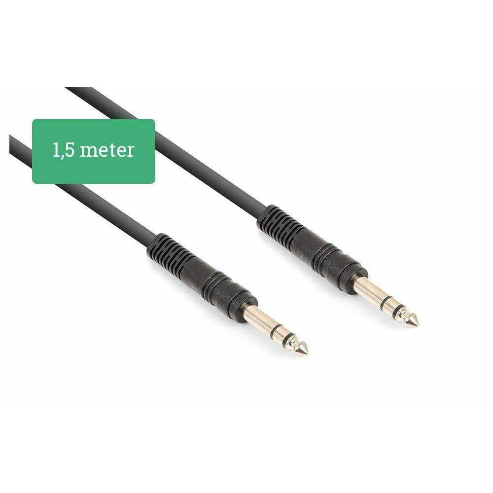 Dos cables de audio negros con jacks de 6,35 mm, etiquetados '1,5 metros'.