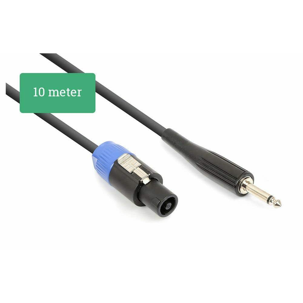 Cavo audio nero e blu con scatola da 10 metri. Un'estremità ha un connettore blu, l'altra un jack.