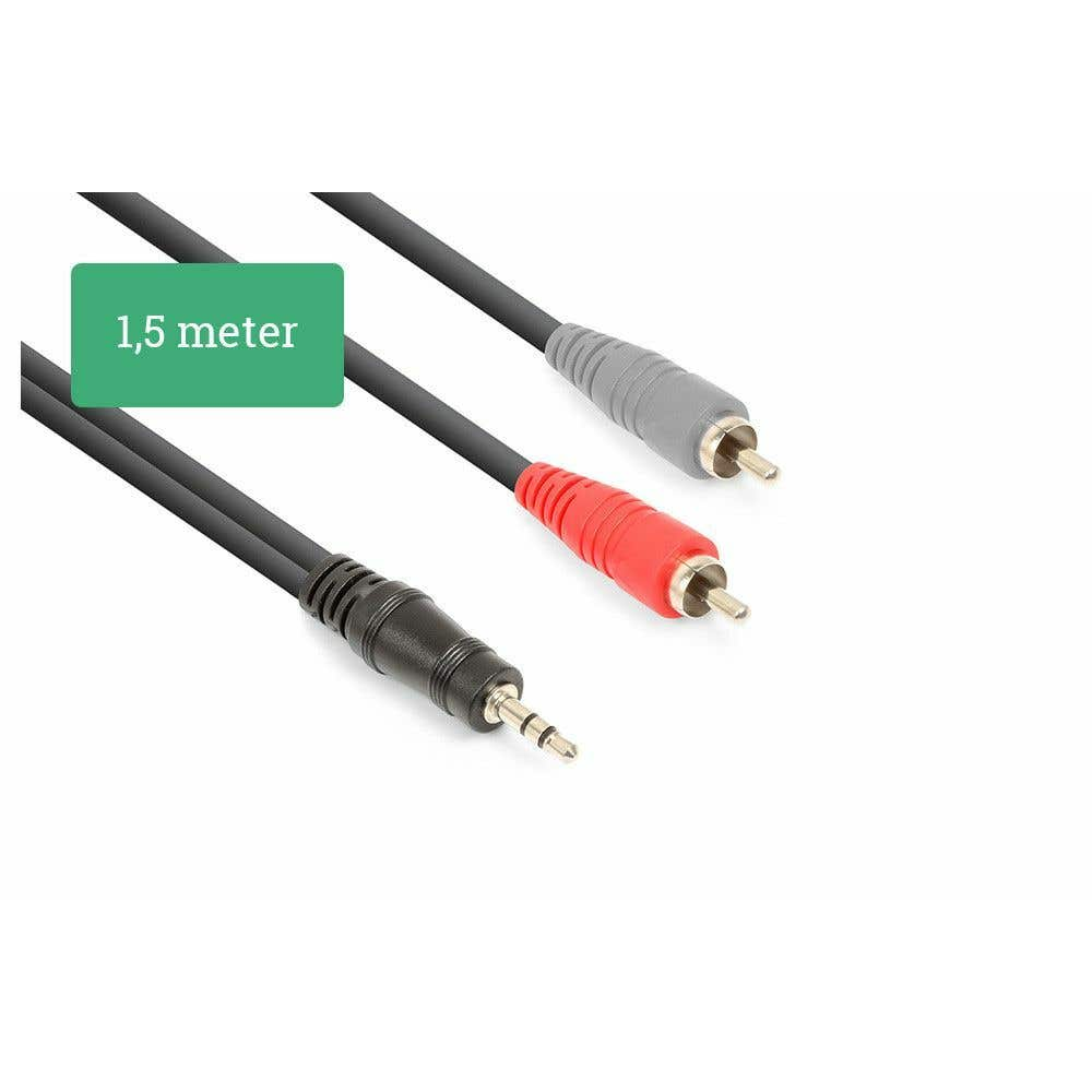 Tres cables de audio con cables negros y conectores de colores. La caja dice 1,5 metros.