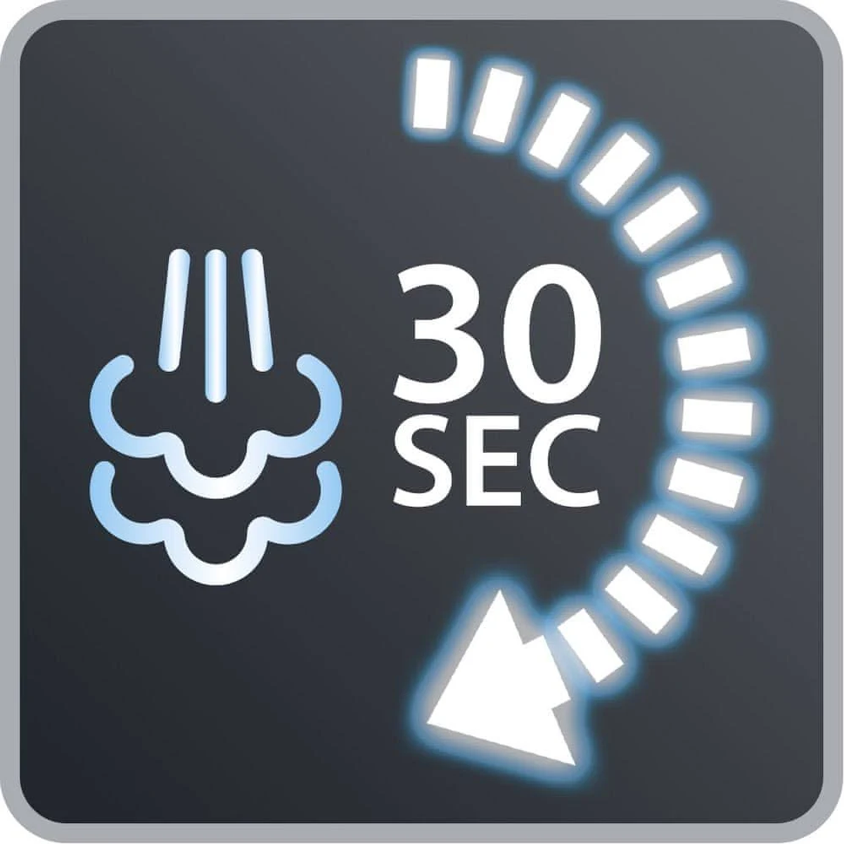 Kwadratowa ikona z niebieskimi chmurami pary wznoszącymi się z lewej strony. Po prawej stronie znajduje się liczba 30 i słowo SEC.