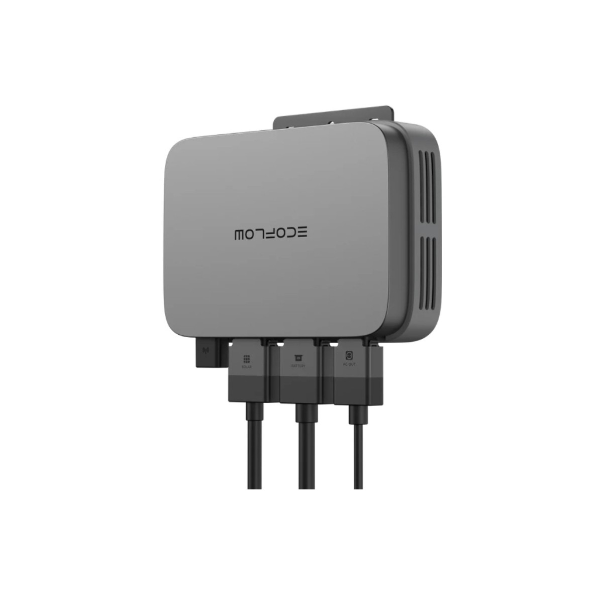 Szare urządzenie ECOFLOW ma trzy czarne kable podłączone do dołu. Na urządzeniu wydrukowano słowo ECOFLOW.