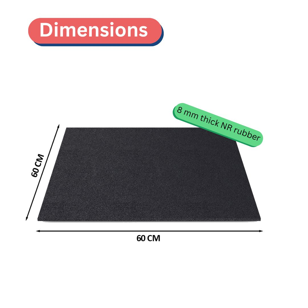 A black mat with dimensions labeled in centimeters and a green tag reading '8 mm thick NR rubber'.