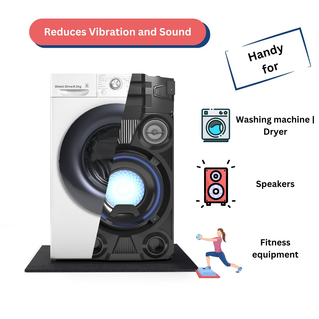 A washing machine graphic with a black mat, with text that says 'Reduces Vibration and Sound'.