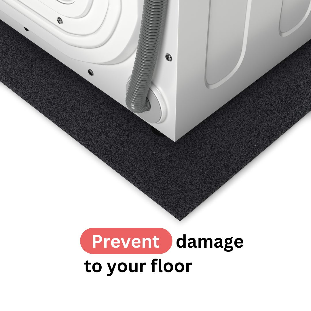 The corner of a washing machine on a black mat. Text states: 'Prevent damage to your floor'.