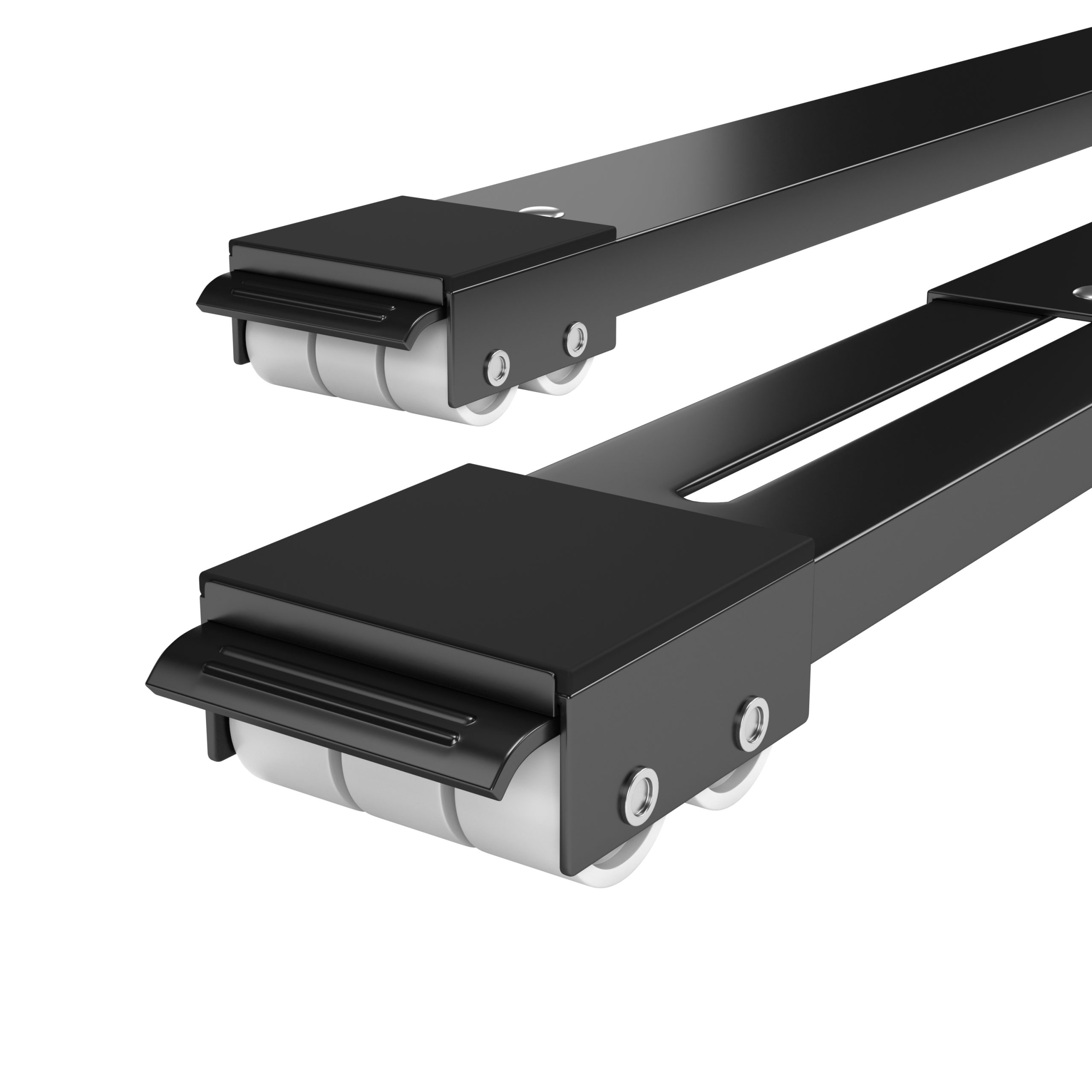Two black platforms with white wheels. The platforms are on a white background.