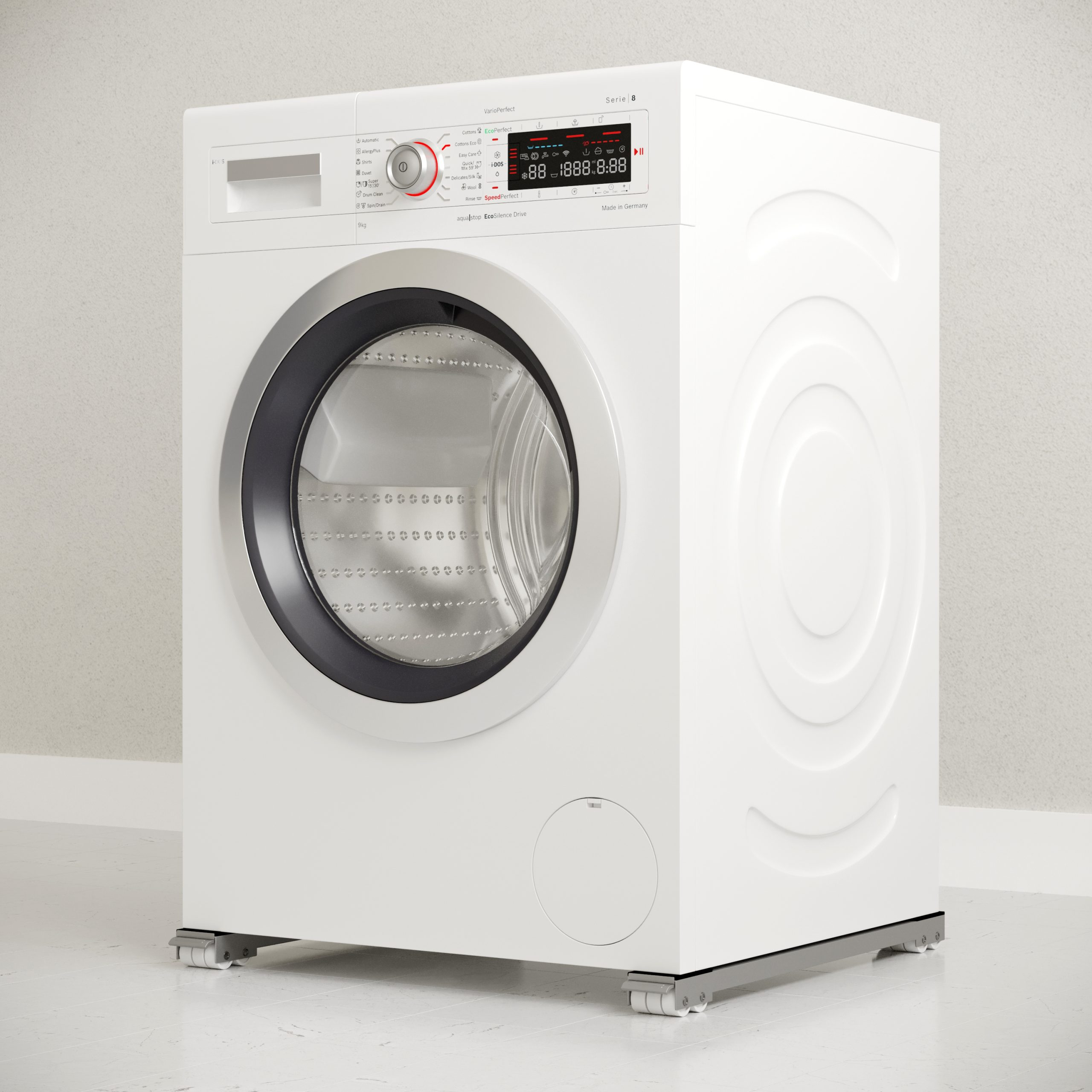 Une machine à laver blanche avec une porte noire, placée sur une surface blanche.