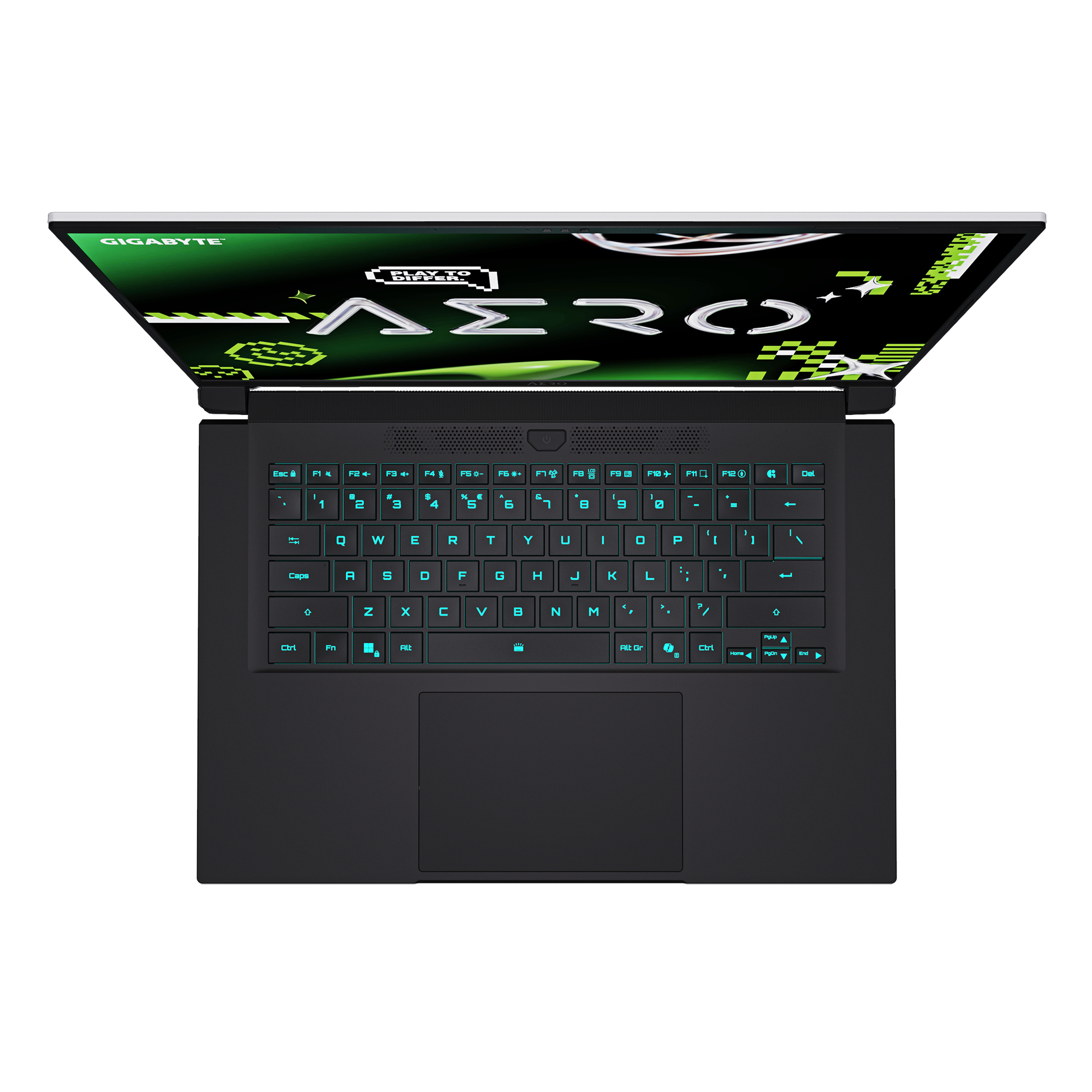 Vista dall'alto di un laptop nero con schermo aperto, che mostra grafici verdi.