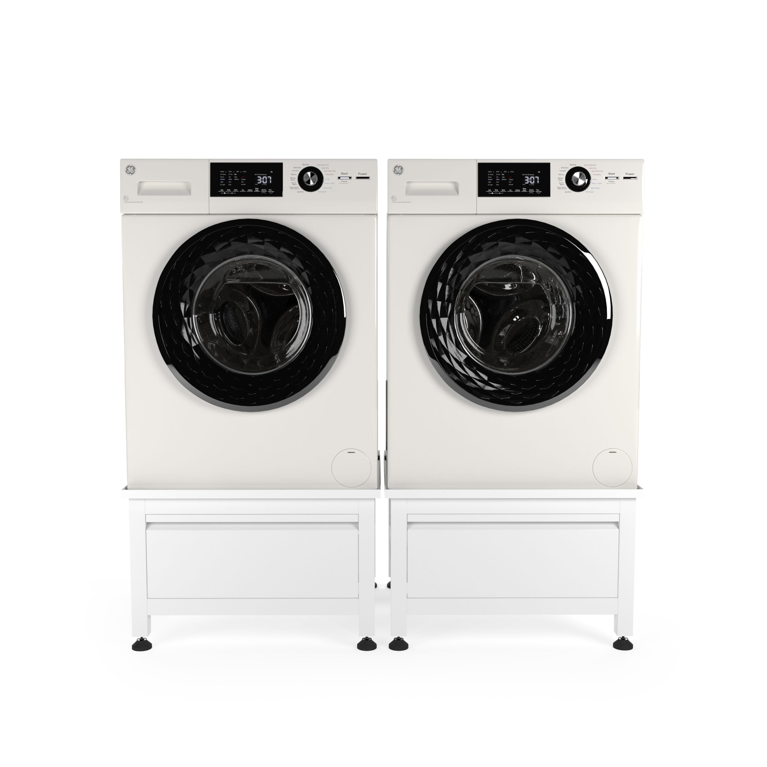 Two white washing machines on white stands, with a white background.