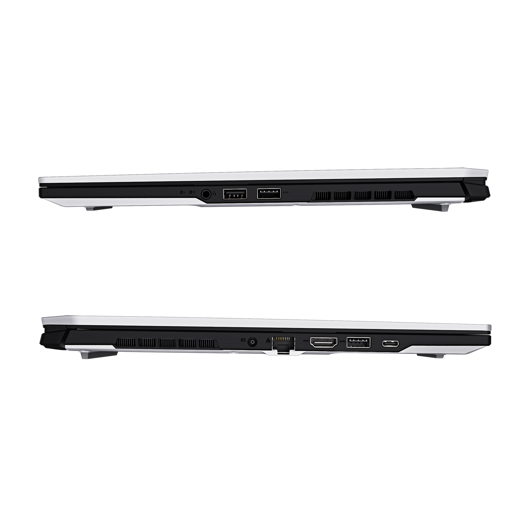 Due laptop, vista laterale. Colore nero e argento. Mostra le porte sui lati. Sfondo bianco.