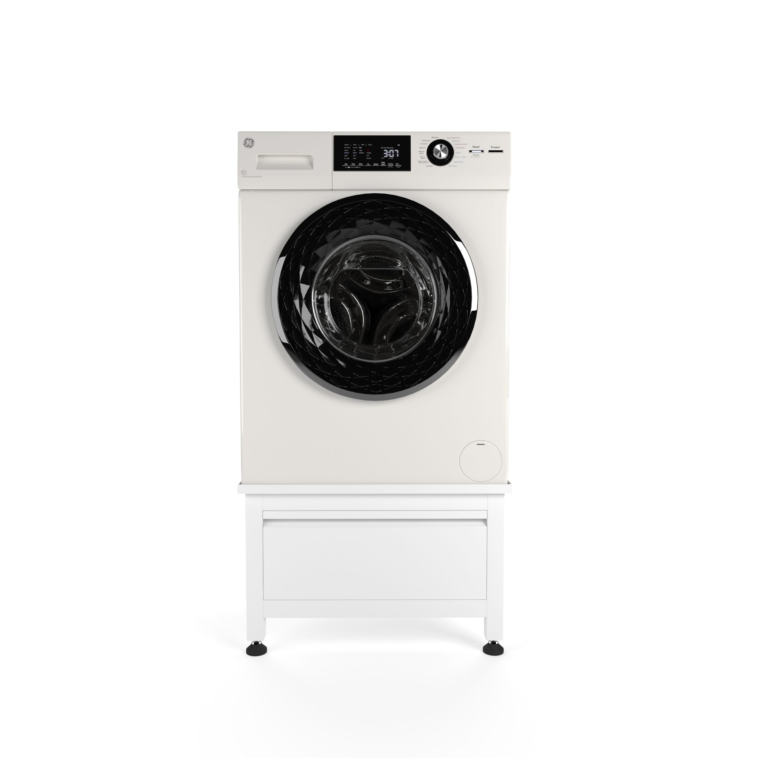 Witte wasmachine op een witte standaard. Vooraanzicht. Zwarte accenten op de machine. Witte achtergrond.