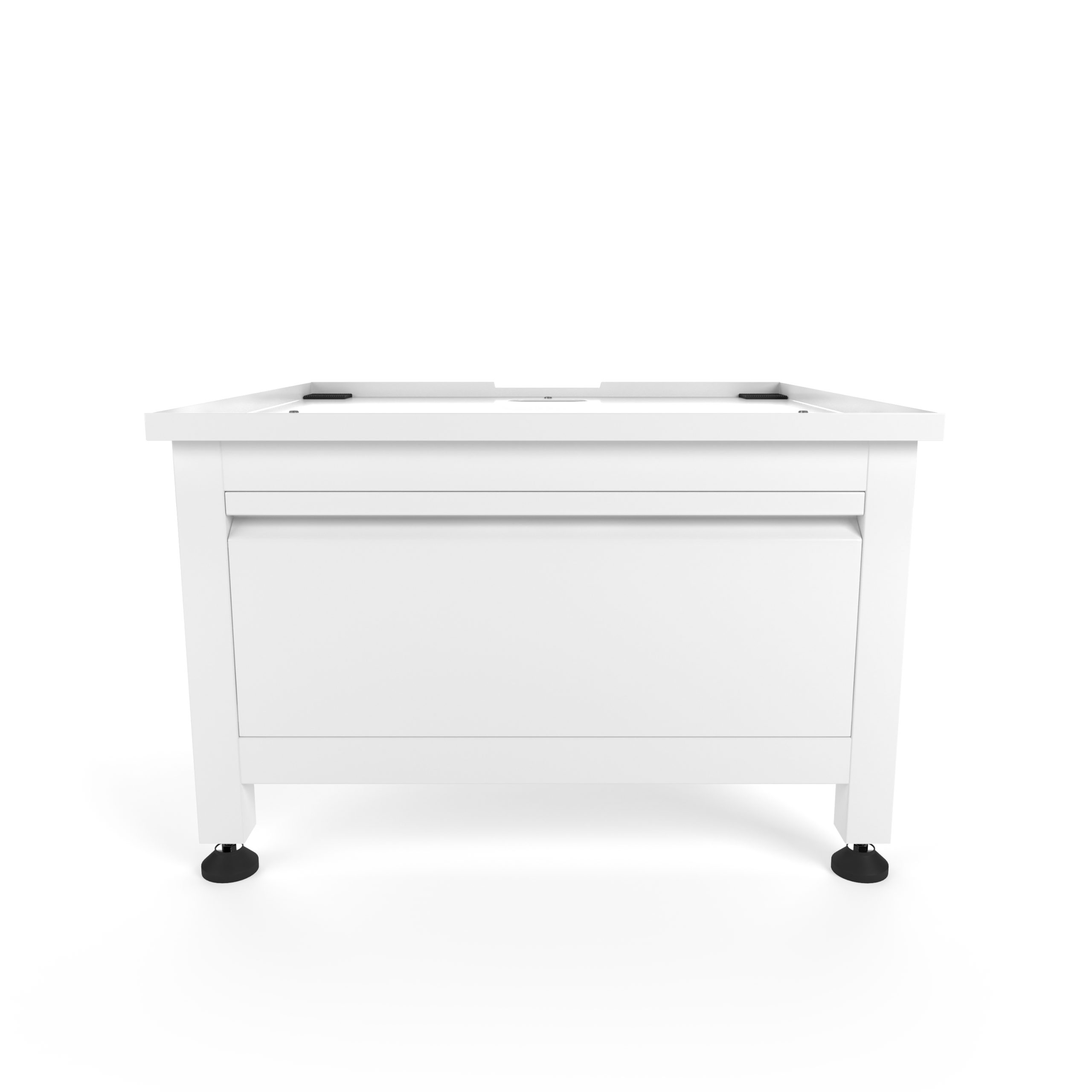 Witte standaard met een lade, zwarte poten. Vooraanzicht, witte achtergrond. De standaard is voor een wasmachine.