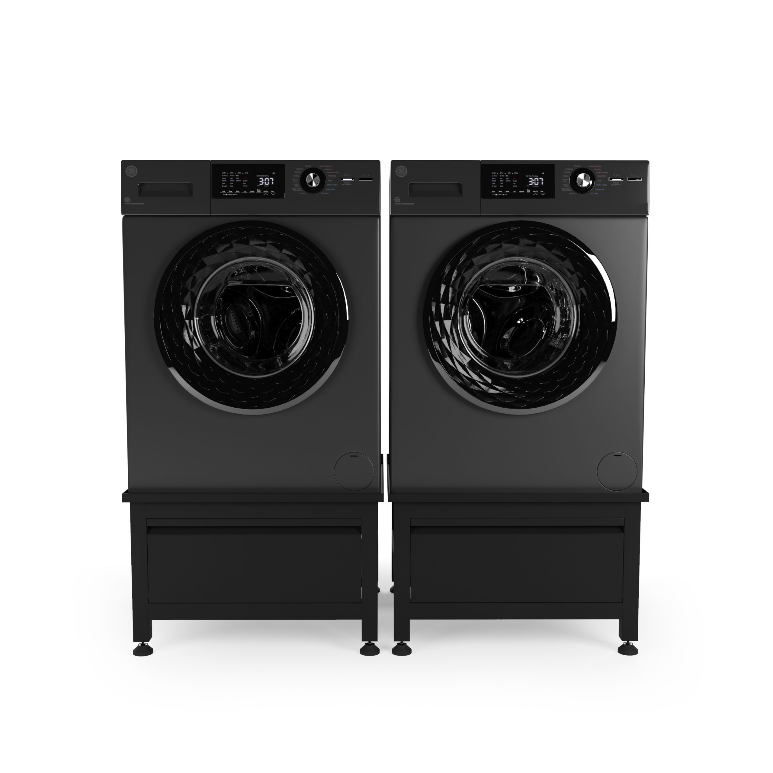 Two black washing machines on black stands against a white background.