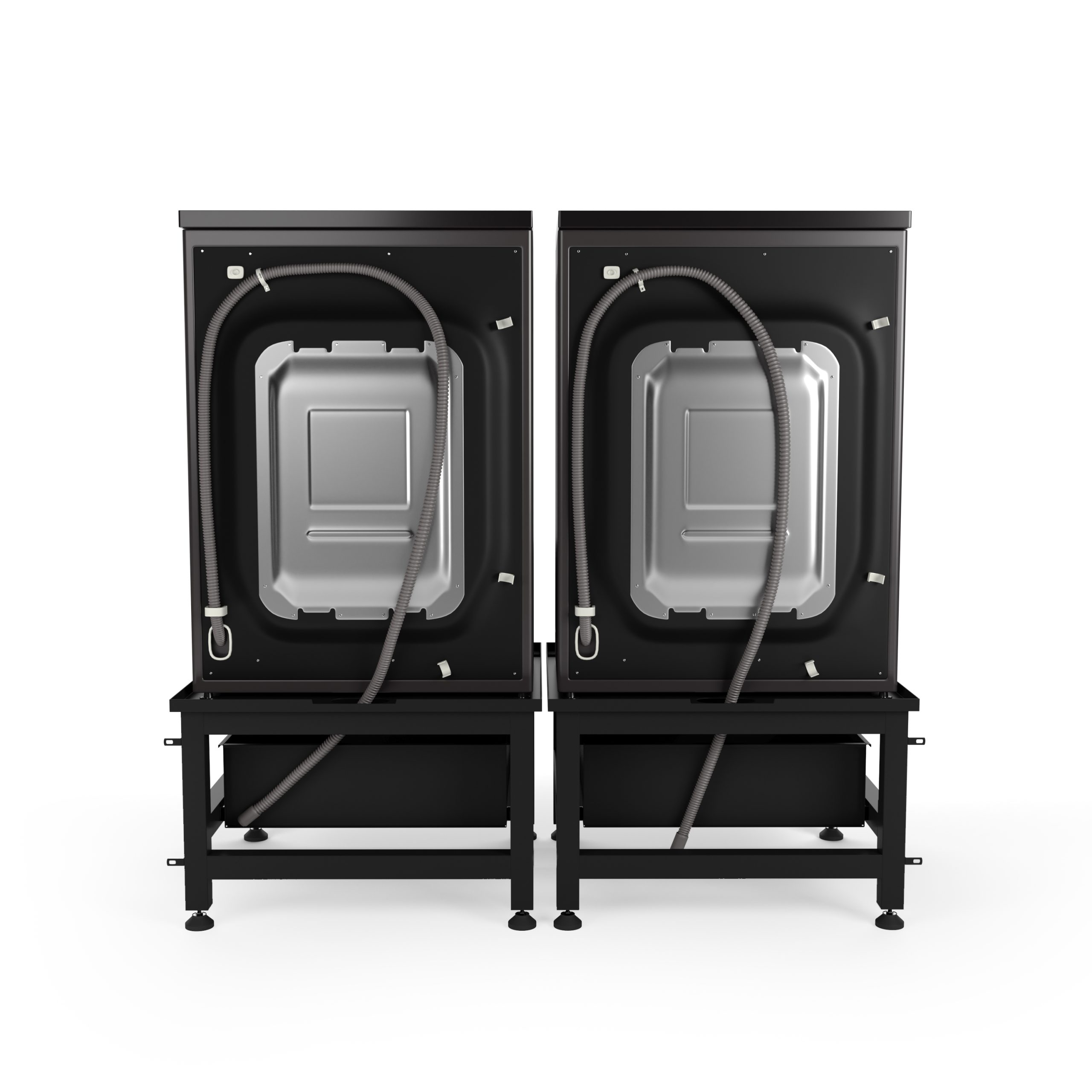 Two black washing machines from the back, each on a black platform, against a white backdrop.