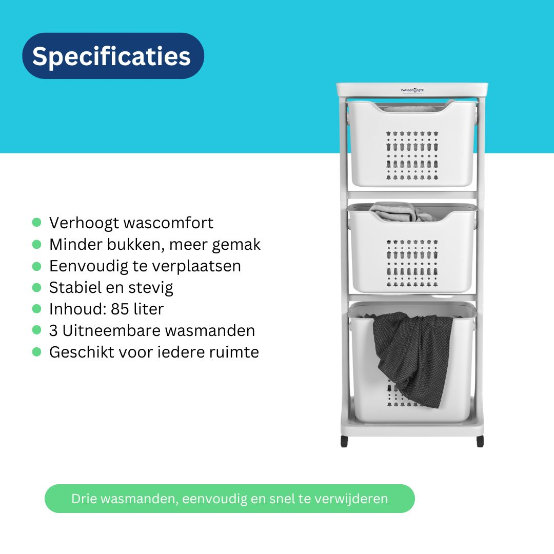 Un trieur de linge blanc avec trois paniers. Le texte en haut indique 'Specificaties'.
