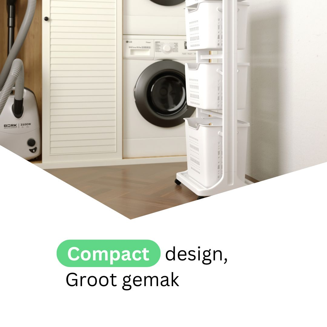 Un trieur de linge et une machine à laver dans une pièce. Le trieur a trois paniers blancs. Texte: 'Compact design'.
