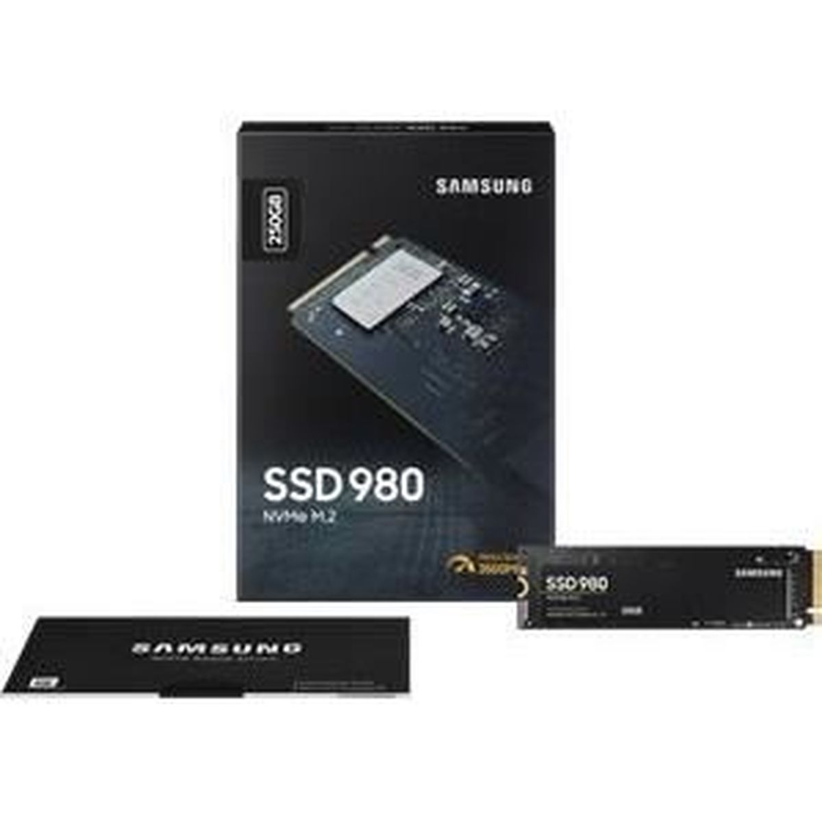 Na białym tle wyświetlany jest dysk Samsung SSD 980 NVMe M.2 o pojemności 250 GB wraz z pudełkiem.