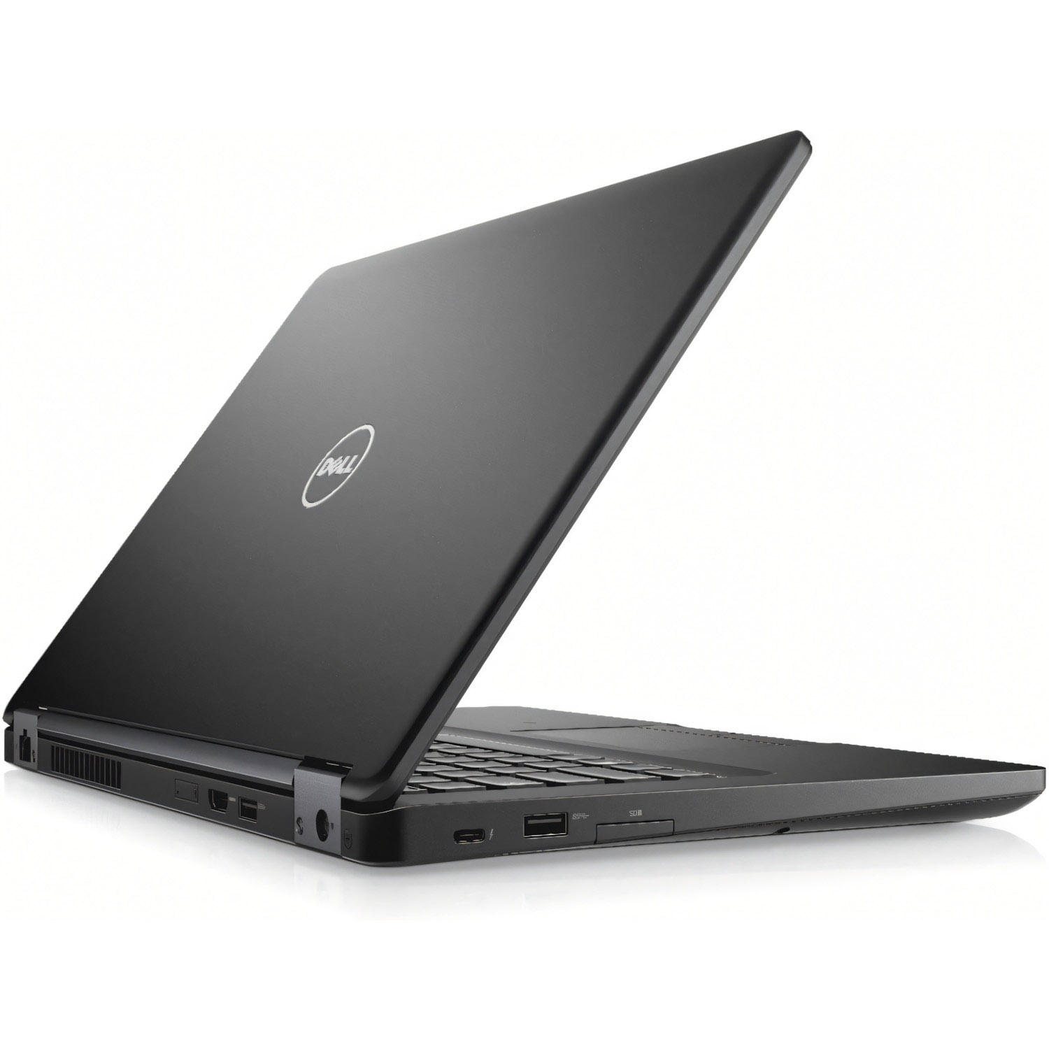 Una computadora portátil negra está abierta, vista de lado. El logotipo de Dell es visible en la parte posterior de la pantalla.
