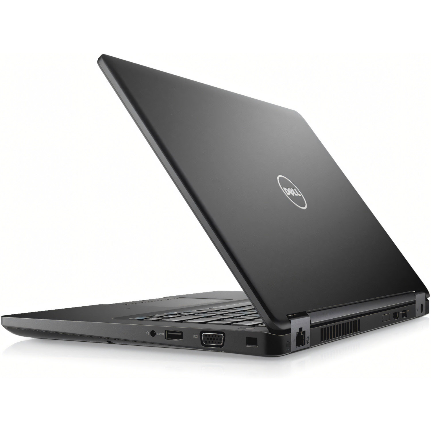 Una computadora portátil negra está abierta, vista lateral. El logotipo de Dell está en la parte posterior. Fondo blanco.