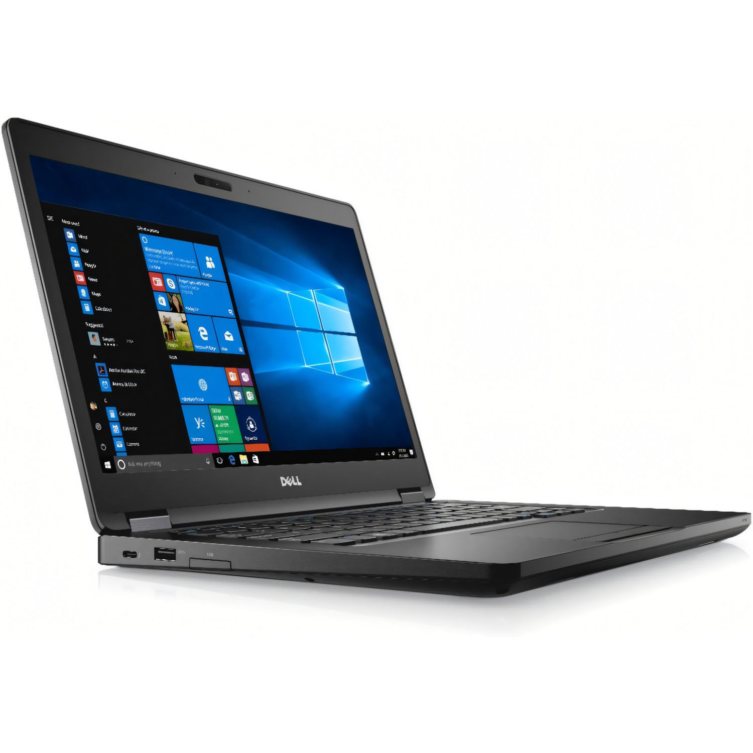 Una computadora portátil negra está abierta en ángulo. La pantalla muestra una interfaz de Windows. El logotipo de Dell es visible.