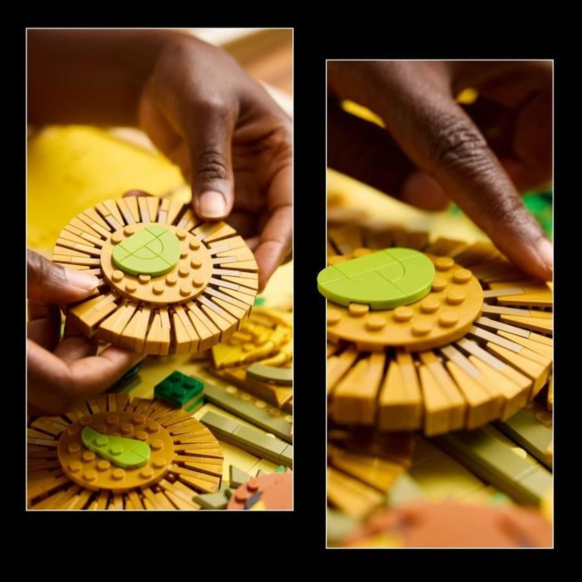 Zbliżenia na klocki LEGO składane w słonecznik. Widoczne dłonie podczas budowy.