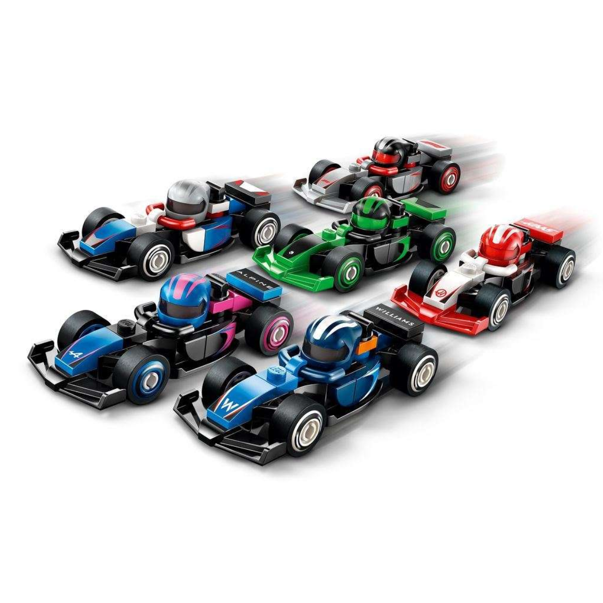 Diverse Formule 1-raceauto's in een dynamische pose. De auto's zijn in beweging, met een vage achtergrond.