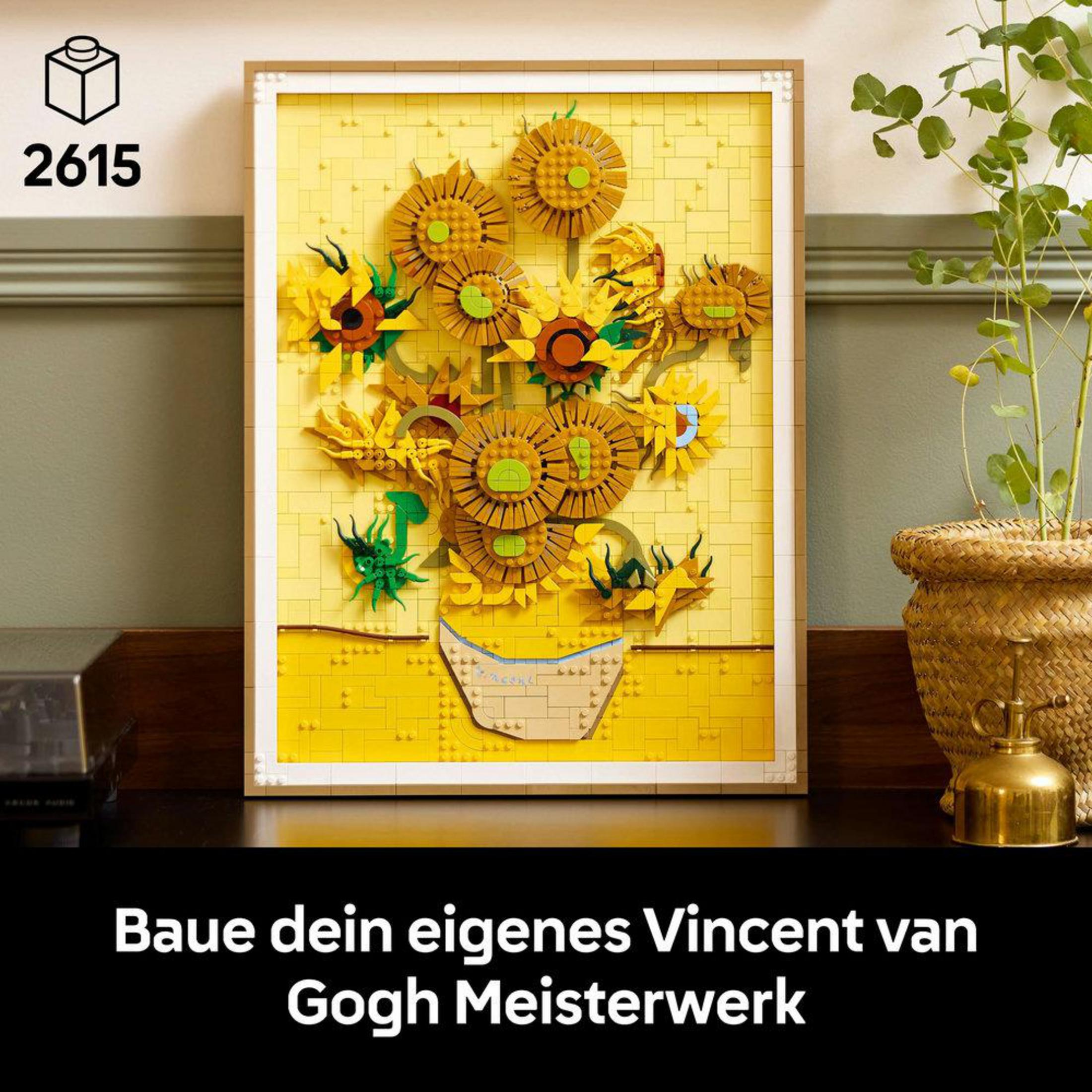 Set Lego dei girasoli di Van Gogh, esposto in una cornice, con testo in basso.