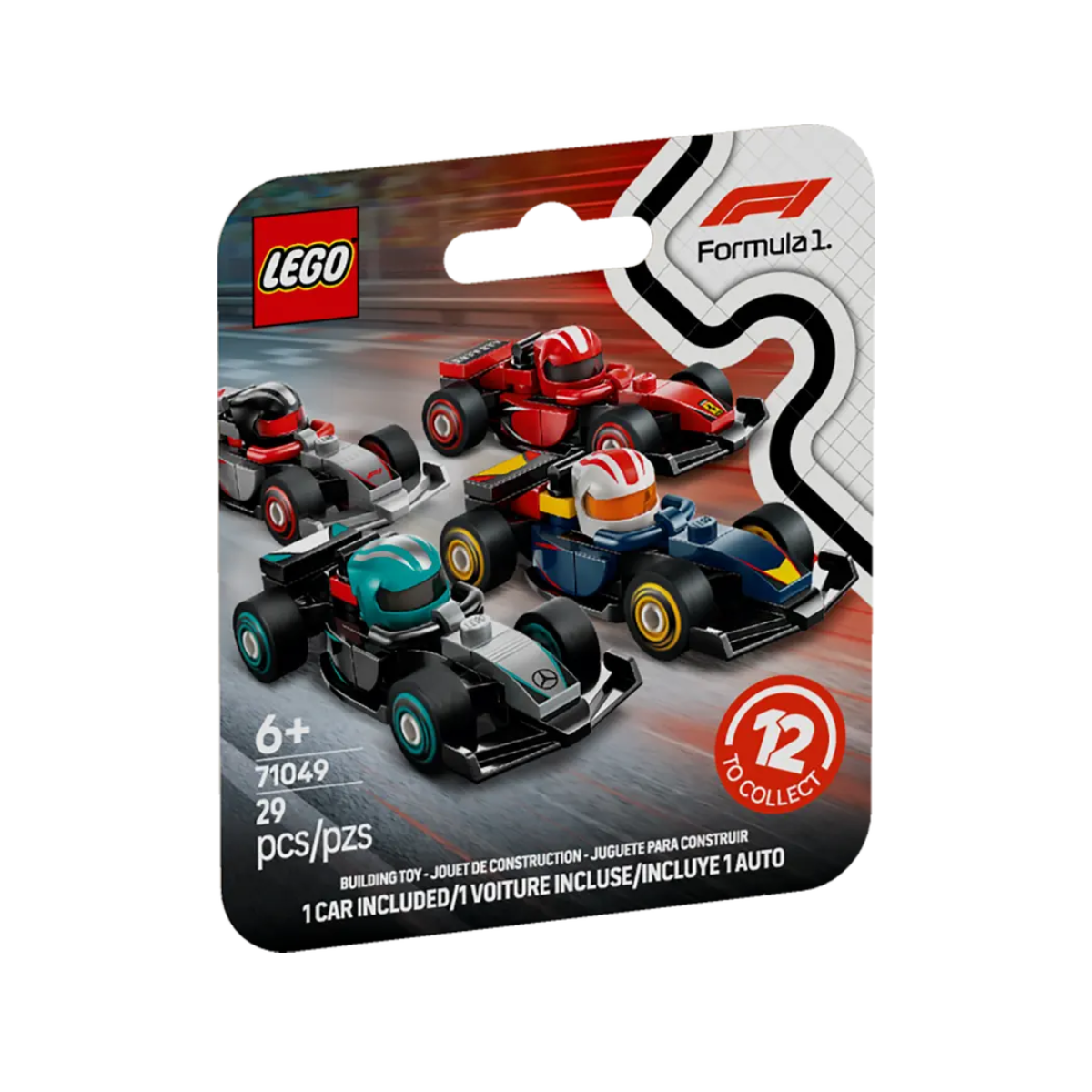 Lego set van Formule 1-auto's, in een verpakking. De auto's zijn rood, zwart, zilver en blauw.