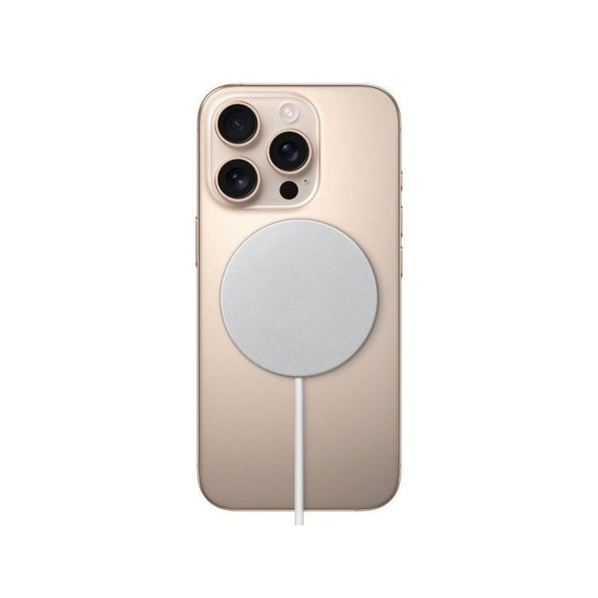 Dos d'un iPhone doré avec un disque de chargement blanc attaché.