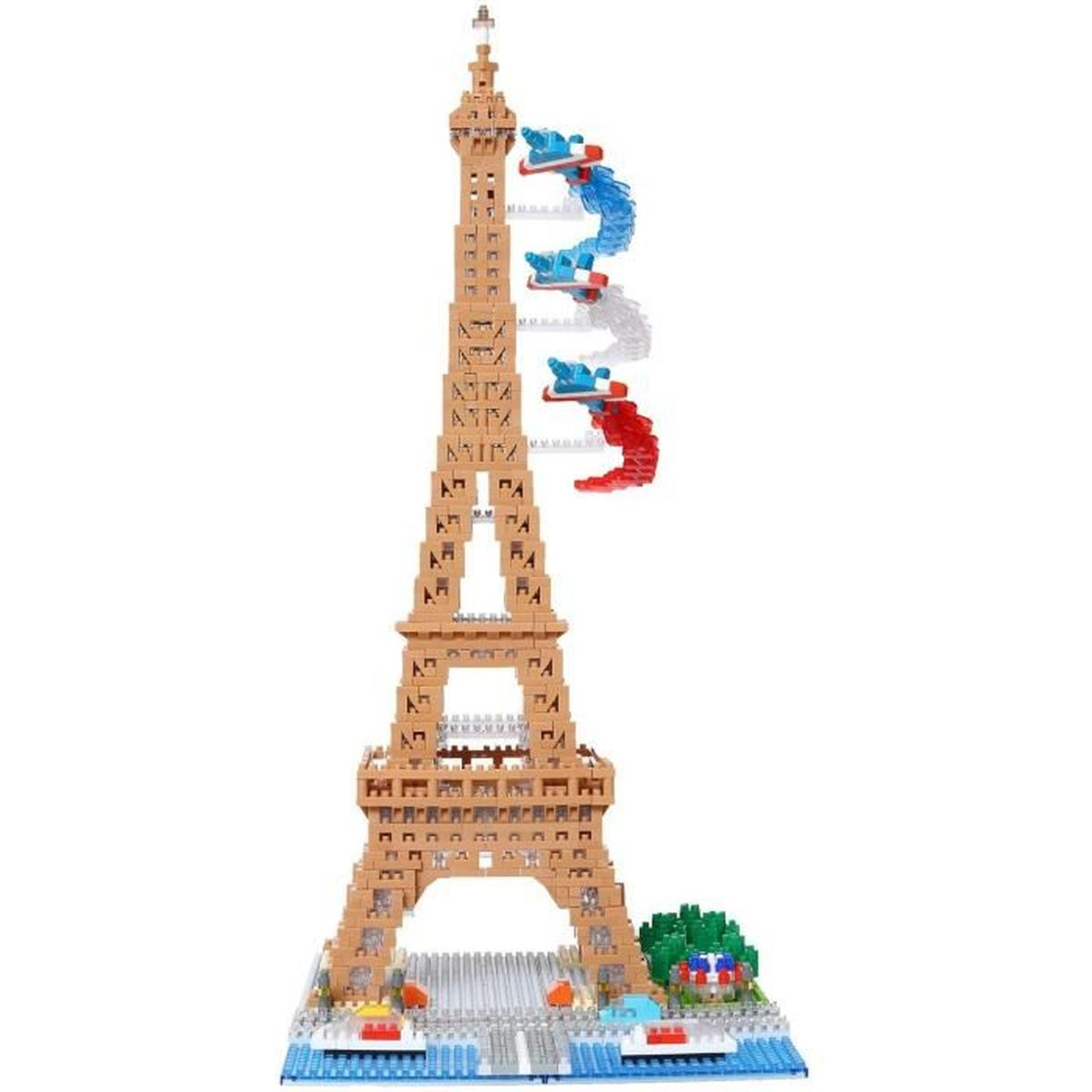 Modello Lego della Torre Eiffel. La torre è marrone, su una base blu, con piccoli dettagli.